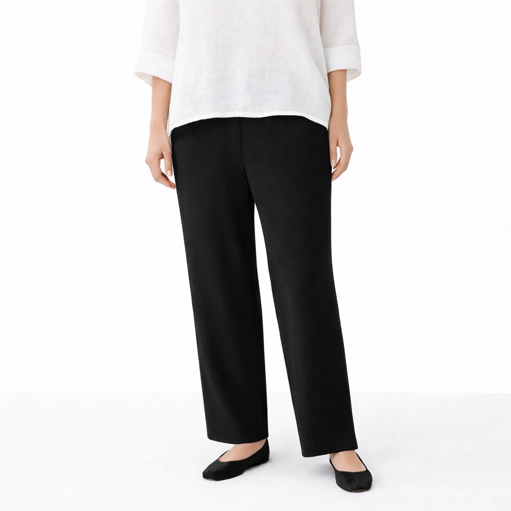 Eileen Fisher black silk georgette crepe full-length straight-leg pants SZ LARGE